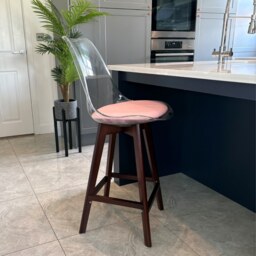 "Fusion Living Soho Clear and Blush Pink Plastic Bar Stool with Dark Wood Legs "