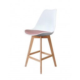 "Fusion Living Soho White and Blush Pink Plastic Bar Stool with Light Wood Legs "