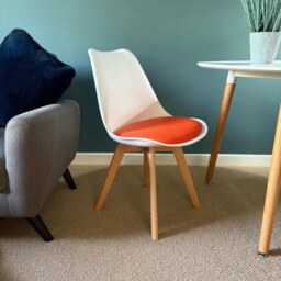 "Fusion Living Soho White and Orange Dining Chair with Squared Light Wood Legs - interlock "