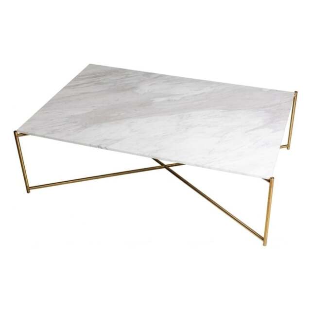 "Gillmore White Marble Rectangular Coffee Table with Brass Cross Base "