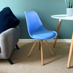 "Fusion Living Soho Blue Plastic Dining Chair with Pyramid Light Wood Legs "