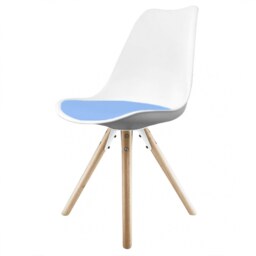 "Fusion Living Soho White and Blue Dining Chair with Pyramid Light Wood Legs "