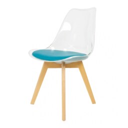 "Fusion Living Soho Clear and Teal Plastic Dining Chair with Squared Light Wood Legs - interlock "
