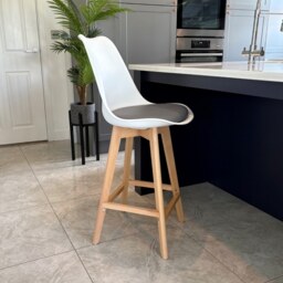 "Fusion Living Soho White and Dark Grey Plastic Bar Stool with Light Wood Legs "