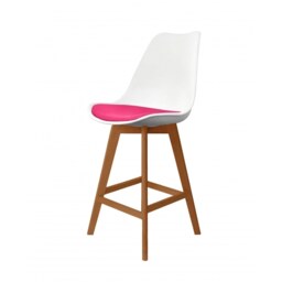 "Fusion Living Soho White and Bright Pink Plastic Bar Stool with Medium Wood Legs "