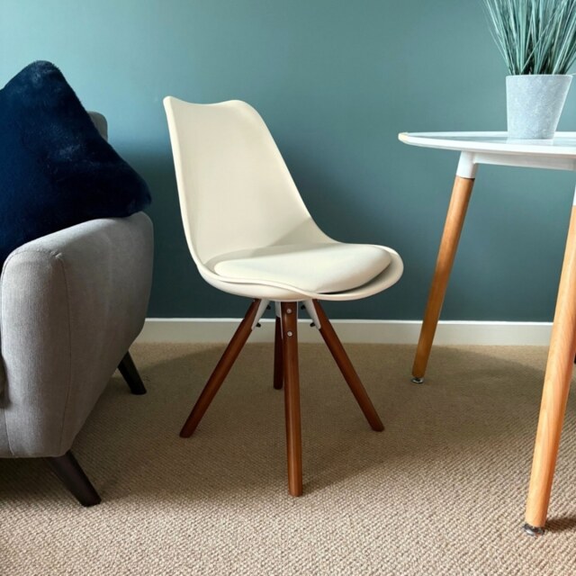 "Fusion Living Soho Vanilla Plastic Dining Chair with Pyramid Dark Wood Legs "