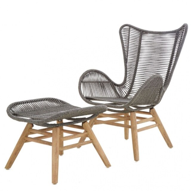 "Fusion Living Grey Natural Rope Lounge Chair And Footstool Set With Light Wood Legs "
