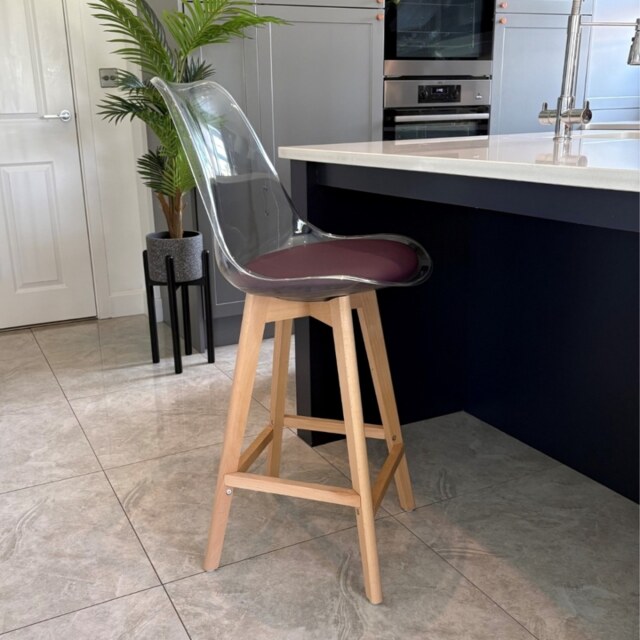 "Fusion Living Soho Clear and Aubergine Plastic Bar Stool with Light Wood Legs "