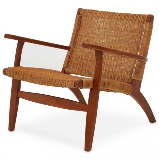 "Fusion Living Brown Natural Rattan And Mahogany Wood Reclined Armchair "