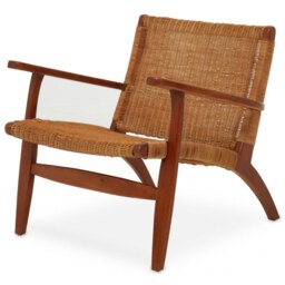 "Fusion Living Brown Natural Rattan And Mahogany Wood Reclined Armchair "