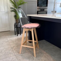 "Fusion Living Soho Clear and Blush Pink Plastic Bar Stool with Light Wood Legs "