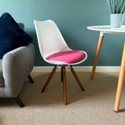 "Fusion Living Soho White and Bright Pink Dining Chair with Pyramid Dark Wood Legs "