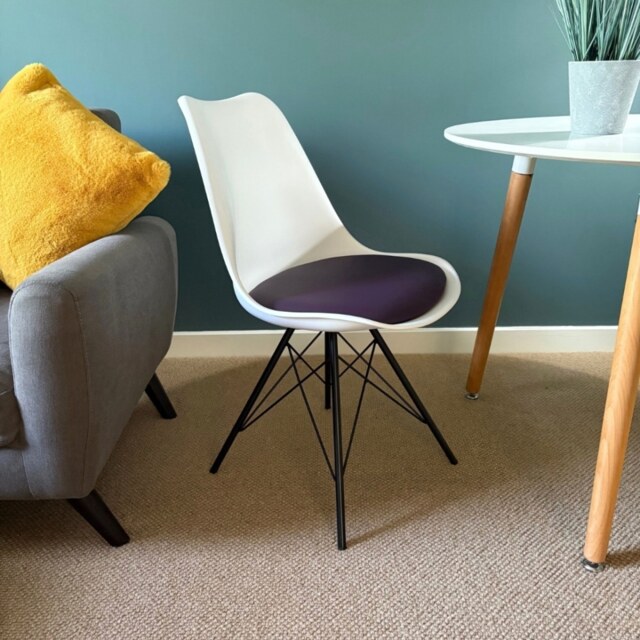 "Fusion Living Soho White and Aubergine Purple Plastic Dining Chair with Black Metal Legs "