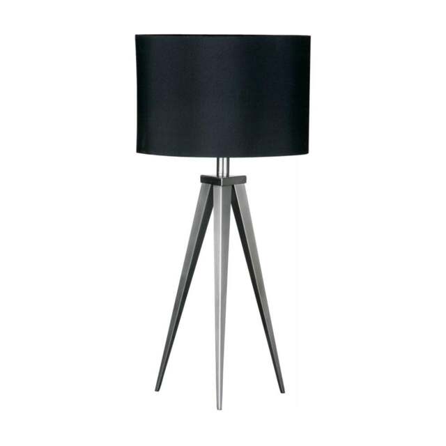 "Fusion Living Satin Nickel Small Tripod Table Lamp with Black Shade "