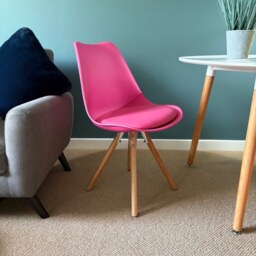 "Fusion Living Soho Bright Pink Plastic Dining Chair with Pyramid Light Wood Legs "