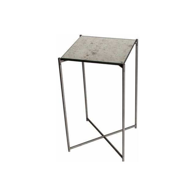 "Gillmore Antiqued Glass Square Lamp Table with Gun Metal Cross Base "