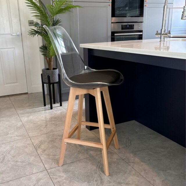 "Fusion Living Soho Clear and Black Plastic Bar Stool with Light Wood Legs "
