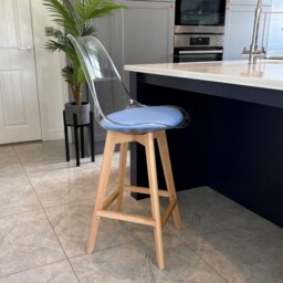 "Fusion Living Soho Clear and Blue Plastic Bar Stool with Light Wood Legs "