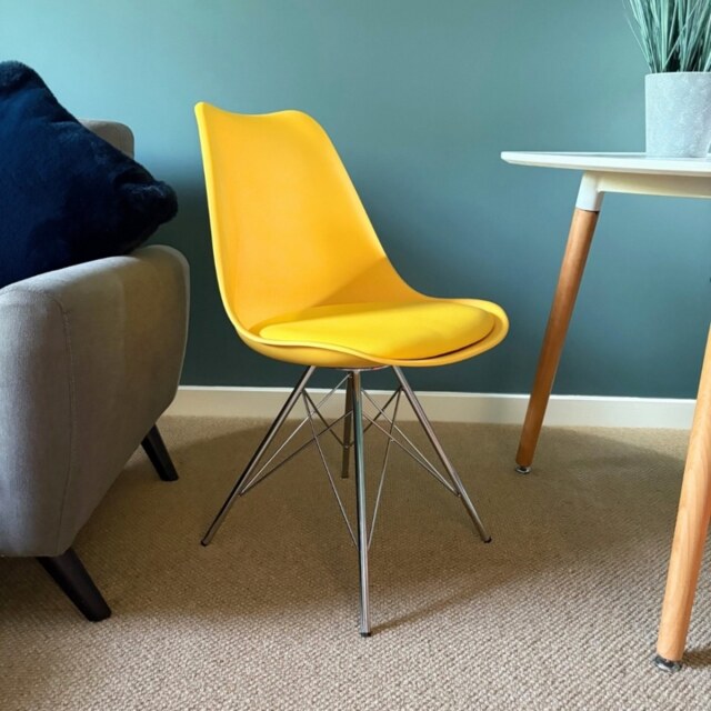 "Fusion Living Soho Yellow Plastic Dining Chair with Chrome Metal Legs "