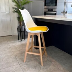 "Fusion Living Soho White and Yellow Plastic Bar Stool with Light Wood Legs "