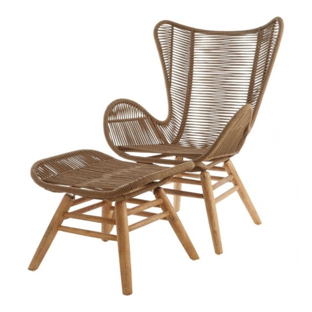 "Fusion Living Brown Natural Rope Lounge Chair And Footstool Set With Light Wood Legs "
