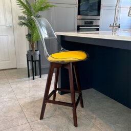 "Fusion Living Soho Clear and Yellow Plastic Bar Stool with Dark Wood Legs "