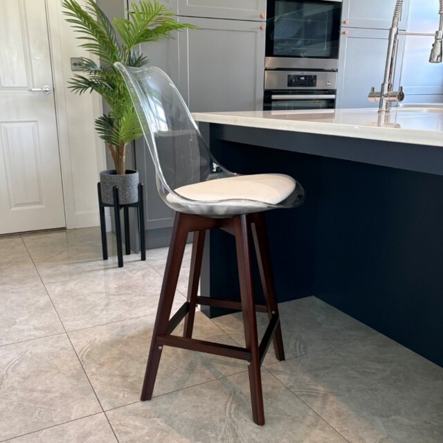 "Fusion Living Soho Clear and White Plastic Bar Stool with Dark Wood Legs "