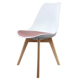 "Fusion Living Soho White and Blush Pink Dining Chair with Squared Light Wood Legs - interlock "