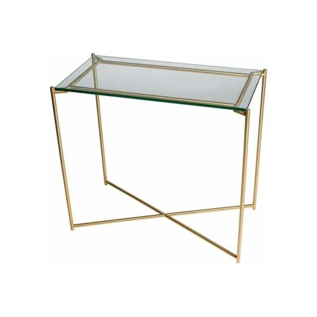 "Gillmore Clear Glass Small Console Table with Brass Cross Base "