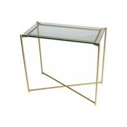 "Gillmore Clear Glass Small Console Table with Brass Cross Base "