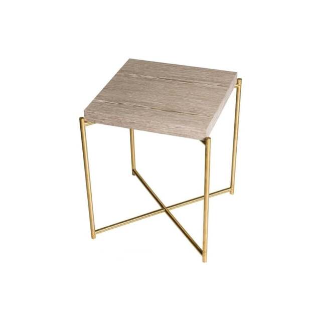 "Gillmore Weathered Oak Square Side Table with Brass Cross Base "