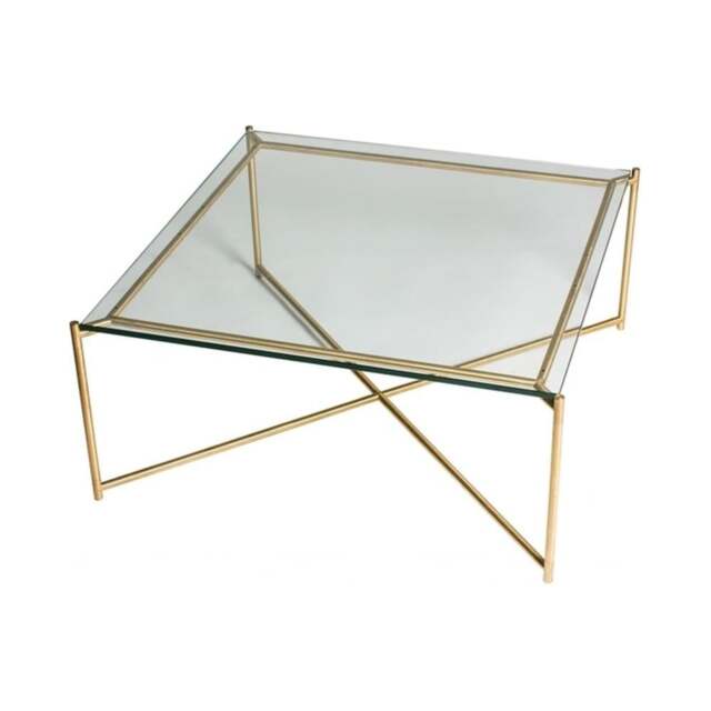 "Gillmore Clear Glass Square Coffee Table with Brass Cross Base "