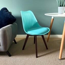"Fusion Living Soho Aqua Blue Plastic Dining Chair with Darkwood Squared Legs "