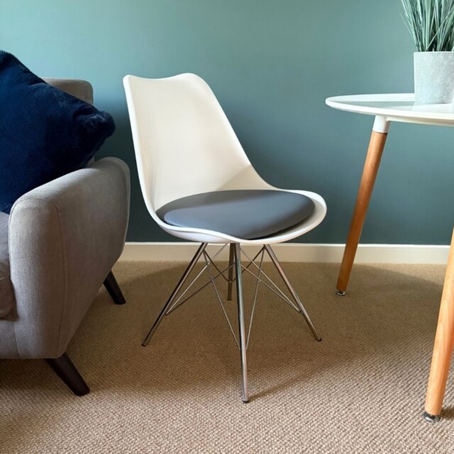 "Fusion Living Soho White and Dark Grey Dining Chair with Chrome Metal Legs "