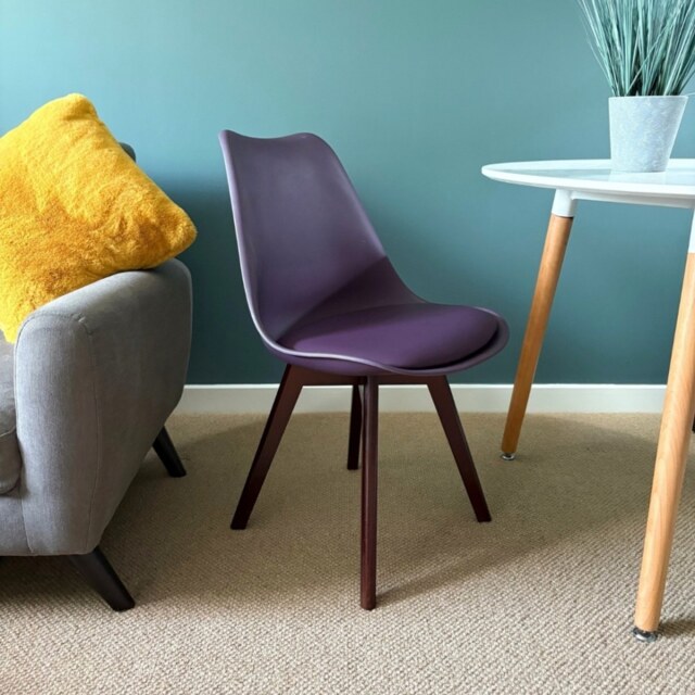 "Fusion Living Soho Aubergine Purple Plastic Dining Chair with Squared Dark Wood Legs - interlock "