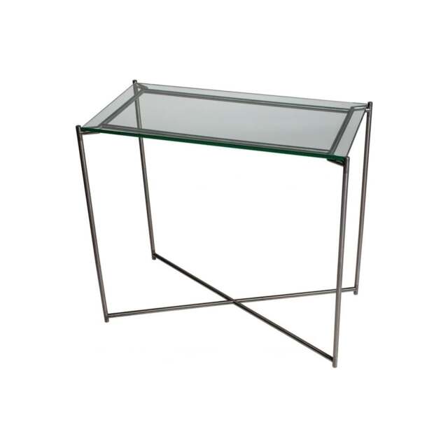 "Gillmore Clear Glass Small Console Table with Gun Metal Cross Base "