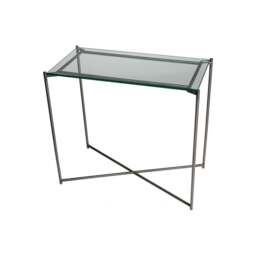 "Gillmore Clear Glass Small Console Table with Gun Metal Cross Base "
