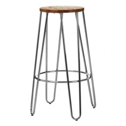 "Fusion Living Industrial Elm Wood Barstool With Chrome Hairpin Legs "