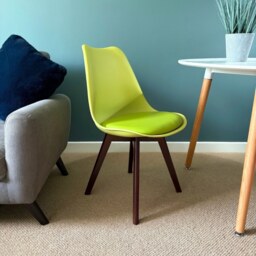 "Fusion Living Soho Green Plastic Dining Chair with Squared Dark Wood Legs - interlock "