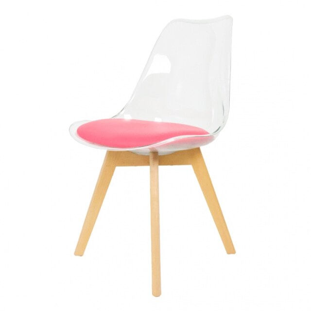 "Fusion Living Soho Clear and Bright Pink Plastic Dining Chair with Squared Light Wood Legs - interlock "