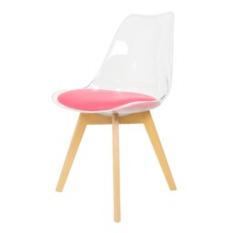 "Fusion Living Soho Clear and Bright Pink Plastic Dining Chair with Squared Light Wood Legs - interlock "