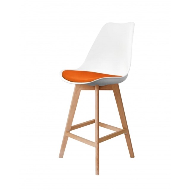 "Fusion Living Soho White and Orange Plastic Bar Stool with Light Wood Legs "