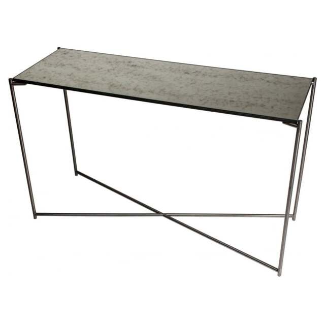 "Gillmore Antiqued Glass Large Console Table with Gun Metal Cross Base "