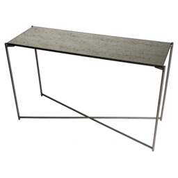 "Gillmore Antiqued Glass Large Console Table with Gun Metal Cross Base "