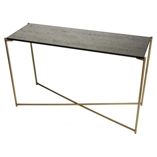 "Gillmore Antiqued Glass Large Console Table with Brass Cross Base "