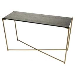 "Gillmore Antiqued Glass Large Console Table with Brass Cross Base "