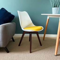 "Fusion Living Soho White and Yellow Dining Chair with Squared Dark Wood Legs - interlock "