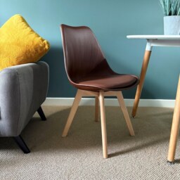 "Fusion Living Soho Chocolate Brown Plastic Dining Chair with Squared Light Wood Legs - interlock "