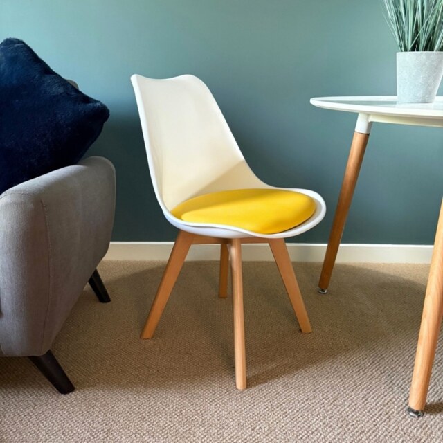 "Fusion Living Soho White and Yellow Dining Chair with Squared Light Wood Legs - interlock "