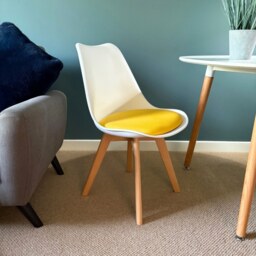 "Fusion Living Soho White and Yellow Dining Chair with Squared Light Wood Legs - interlock "